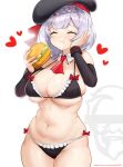  1girl a_zhilaohu bangs beret bikini black_bikini black_headwear blush braid braided_bangs breasts closed_eyes colonel_sanders detached_collar detached_sleeves eating food frilled_bikini frills genshin_impact grey_hair hat heart highres kfc large_breasts navel noelle_(genshin_impact) sandwich short_hair smile swimsuit thighs 