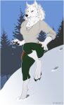  anthro butt canid canine canis clothing female fokscy footprint forest forest_background fur hi_res mammal nature nature_background plant snow solo tree were werecanid werecanine werewolf white_body white_fur winter wolf yellow_eyes 