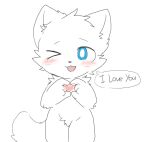  &lt;3 anthro blue_eyes blush canid canine canis changed_(video_game) chano dialogue english_text fur gesture hand_heart lin_(changed) looking_at_viewer male mammal one_eye_closed open_mouth simple_background solo speech_bubble talking_to_viewer text white_background white_body white_fur wink wolf 
