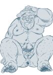  2021 anthro anus balls butt clothing eyewear flaccid genitals glasses hat headgear headwear hi_res kemono male mammal moobs nipples overweight overweight_male penis pubes raozone sitting solo tokyo_afterschool_summoners tongue tongue_out ursid video_games volos 