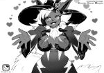  2020 absurd_res anthro breasts cleavage clothed clothing female fluffy fluffy_tail fur greyscale hair half-length_portrait hat headgear headwear hi_res looking_at_viewer monochrome murazaki open_mouth portrait reaching_towards_viewer robe simple_background smile solo unknown_species witch_hat 