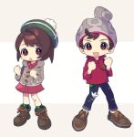  1boy 1girl :d :o backpack bag bangs beanie bob_cut boots brown_bag brown_eyes brown_footwear brown_hair buttons cable_knit cardigan clenched_hands collared_dress commentary_request denim full_body gloria_(pokemon) green_headwear green_legwear grey_cardigan grey_headwear hands_up hat highres hooded_cardigan jeans looking_at_viewer open_mouth pants plaid plaid_legwear pokemon pokemon_(game) pokemon_swsh red_shirt shirt shoes short_hair sleeves_rolled_up smile socks standing swept_bangs tam_o&#039;_shanter torn_clothes torn_jeans torn_pants victor_(pokemon) yamunashi 