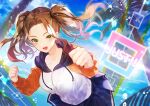  1girl :d bangs blue_skirt blue_sky breasts brown_hair clenched_hands cloud commentary_request day drawstring fitness_boxing forehead gameplay_mechanics green_eyes highres hood hood_down hooded_jacket jacket janice_(fitness_boxing) large_breasts long_sleeves looking_at_viewer open_mouth orange_sleeves otoufu_(gotouhu) palm_tree parted_bangs pleated_skirt skirt sky smile solo standing sweat tree twintails upper_body water_drop white_jacket 