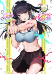  1girl :d absurdres bangs bare_shoulders black_hair black_shorts blue_sports_bra blush breasts brown_eyes cleavage clenched_hands commentary_request cowboy_shot eyebrows_visible_through_hair fitness_boxing gameplay_mechanics groin hands_up highres karen_(fitness_boxing) large_breasts long_hair looking_at_viewer midriff navel one_side_up open_mouth outstretched_arm punching sas_(ls08b) shorts sidelocks smile solo sports_bra standing sweat upper_teeth white_background 