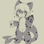 &lt;3 &lt;3_eyes ambiguous_gender anthro blue_eyes changed_(video_game) chano cup fin fish grey_body hair holding_object marine navel phone shark simple_background solo stripes the_shark_(changed) white_background white_body white_hair 