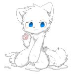  4_fingers after_transformation anthro blue_eyes blush canid canine canis changed_(video_game) chano fingers fur hand_on_crotch lin_(changed) looking_at_viewer male mammal pawpads puddle simple_background slime solo wet white_background white_body white_fur wolf 