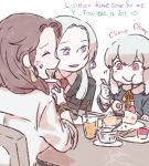  3girls betchan breasts brown_hair cake chibi closed_eyes closed_mouth dorothea_arnault eating edelgard_von_hresvelg english_text fire_emblem fire_emblem:_three_houses food hair_ornament long_hair long_sleeves lysithea_von_ordelia multiple_girls purple_eyes scarf shirt white_hair 