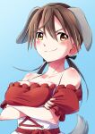  1girl absurdres animal_ears blue_background blush breast_hold breasts brown_eyes brown_hair cleavage closed_mouth collarbone crossed_arms dirndl dog_ears dog_tail frills german_clothes gertrud_barkhorn hair_ornament hair_ribbon hase_popopo highres large_breasts looking_at_viewer ribbon shiny shiny_hair simple_background smile solo strike_witches tail twintails upper_body world_witches_series 