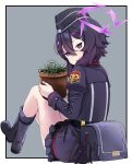  1girl abe_kanari belt_pouch blue_archive boots commentary_request hair_between_eyes hair_ornament halo haruka_(blue_archive) hat looking_at_viewer military military_uniform open_mouth plant potted_plant pouch purple_eyes purple_hair simple_background sitting solo uniform 