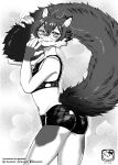  2020 absurd_res ambiguous_gender anthro biped bottomwear butt clothing crop_top eyewear felid feline fluffy fluffy_tail fur glasses greyscale hair hi_res hotpants looking_back mammal monochrome murazaki rear_view shirt shorts simple_background smile solo standing topwear 