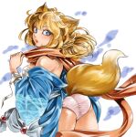  1girl animal_ears ass bangs blonde_hair blue_eyes blush breasts cat_ears character_request clothes_lift crime_crackers hair_between_eyes japanese_clothes kamidou_arashi kimono kimono_lift long_hair off_shoulder open_mouth panties ponytail scarf solo tail underwear white_background 