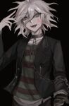  1boy :d absurdres bangs black_background black_jacket blood blood_on_face chain chained choker closed_mouth collar collarbone commentary_request crazy_eyes danganronpa_(series) danganronpa_another_episode:_ultra_despair_girls grey_eyes grey_hair hand_up highres jacket kabedan_(yasai_oisidaro) komaeda_nagito long_sleeves looking_at_viewer male_focus metal_collar mittens open_clothes open_jacket open_mouth pants pink_blood shiny shiny_hair shirt smile solo striped striped_shirt upper_body upper_teeth white_hair 