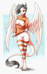  absurd_res black_sclera boob_window breasts clothing dragon ewgengster_(artist) feathered_wings feathers female footwear genitals hi_res horn legwear looking_at_viewer pose pussy red_eyes socks solo sweater thigh_highs topwear white_body wings 