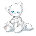  &lt;3 anthro blue_eyes blush canid canine canis changed_(video_game) chano clothing coat fur lab_coat lin_(changed) looking_at_viewer male mammal pawpads simple_background sitting solo topwear white_background white_body white_fur wolf 