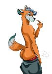  absurd_res animal_humanoid anthro borwold butt canid canid_humanoid canine canine_humanoid clothed clothing fox fox_humanoid fur hi_res humanoid invalid_background male mammal mammal_humanoid orange_body orange_fur partially_clothed smile smiling_at_viewer solo 