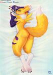  2020 absurd_res anthro arm_warmers armwear bed biped breasts butt claws clothing digimon digimon_(species) digitigrade female fluffy fluffy_tail furniture half-closed_eyes hi_res looking_back lying murazaki narrowed_eyes on_bed on_side painting_(artwork) paws raised_tail renamon solo traditional_media_(artwork) watercolor_(artwork) 