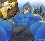  2021 anthro avian bird black_clothing blue_body boxer_briefs briefs bulge canid canine city climbing clothing crawling destruction eyes_closed falco_lombardi fox fox_mccloud gloves handwear hi_res macro male mammal micro muscular muscular_anthro muscular_male nintendo open_mouth sitting smile star_fox togepi1125 underwear video_games wolfmalro worship 