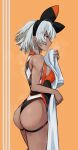  1girl absurdres arm_up ass bangs bare_shoulders bea_(pokemon) black_bodysuit black_hairband bodysuit breasts breath cowboy_shot dark_skin dark_skinned_female facing_to_the_side gloves grey_eyes grey_hair gym_leader hairband highres holding kobi420 large_breasts looking_to_the_side muscular muscular_female open_mouth orange_background pokemon pokemon_(game) pokemon_swsh shirt short_hair short_sleeves shorts simple_background solo sweat symbol_commentary thigh_strap thighs towel 
