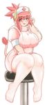  blush breasts cow_girl curvy feet hat large_breasts muhyowo nurse original pantyhose pink plump red_eyes red_hair simple_background smile solo tail toes white_background 