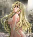  ass blonde_hair book breasts character_name copyright_name earrings jewelry large_breasts long_hair maruto! michelle_cheung nipples nude r.o.d_the_tv read_or_die solo yellow_eyes 