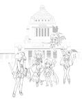  adapted_costume bloomers bloomers_on_head cosplay flandre_scarlet galzoo_island greyscale hong_meiling izayoi_sakuya kiriu landmark mage monochrome multiple_girls national_diet_building object_on_head parody patchouli_knowledge remilia_scarlet siblings sisters touhou underwear wings 