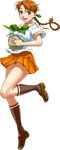  bow braid brown_eyes brown_hair brown_legwear cantaloupe character_request copyright_request food fruit full_body kneehighs loafers long_hair nigou orange_hair orange_skirt pleated_skirt ribbon school_uniform shoes simple_background skirt smile solo white_background 