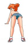  bent_over denim denim_shorts full_body green_eyes kasumi_(pokemon) looking_back orange_hair pokemon ponytail sheppard shoes shorts side_ponytail sneakers solo topless 