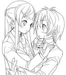  akaga_hirotaka blazer blush bow bowtie chin_grab fingernails futari_wa_precure greyscale hair_ornament hairclip heart hug imminent_kiss jacket lineart long_fingernails long_hair long_sleeves misumi_nagisa monochrome multiple_girls open_mouth ponytail precure school_uniform short_hair simple_background surprised sweatdrop verone_gakuin_school_uniform white_background yukishiro_honoka yuri 