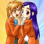  blazer blue_bow blush bow bowtie brown_eyes brown_hair brown_jacket futari_wa_precure haruyama_kazunori jacket long_hair lowres misumi_nagisa multiple_girls precure purple_eyes purple_hair school_uniform short_hair skirt skirt_lift striped striped_bow striped_neckwear verone_gakuin_school_uniform yukishiro_honoka 