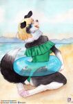  2021 absurd_res anthro beach biped blonde_hair canid canine clothing fangs female fluffy fluffy_tail hair hi_res looking_at_viewer looking_back mammal murazaki one-piece_swimsuit open_mouth painting_(artwork) pawpads paws pool_toy seaside sitting smile solo swimwear traditional_media_(artwork) watercolor_(artwork) 
