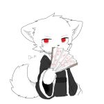  anthro blush canid canine canis changed_(video_game) chano clothing dr._k_(changed) fan_(disambiguation) fur holding_object looking_at_viewer male mammal name_tag red_eyes robe simple_background solo white_background white_body white_fur wolf 