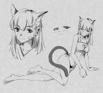  1girl 999captain absurdres animal_ears bangs bare_arms bare_legs bare_shoulders barefoot bra breasts cat_ears cat_tail character_request cleavage cleavage_cutout clothing_cutout collarbone copyright_request eyebrows_visible_through_hair grey_background hair_between_eyes heart_cutout highres long_hair looking_at_viewer monochrome multiple_views navel smile stomach strapless strapless_bra tail thighs tubetop underwear underwear_only v-shaped_eyebrows whisker_markings 