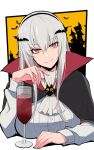  1girl bat black_cloak bolt_action breasts capelet cloak closed_mouth cosplay cup drinking_glass eyebrows_visible_through_hair girls_frontline glass hairband halloween halloween_costume happy_halloween highres kar98k_(girls_frontline) large_breasts long_hair looking_at_viewer red_eyes red_wine shirt silver_hair simple_background smile solo vampire vampire_costume weapon white_capelet white_hair white_shirt wine_glass yu_416416 