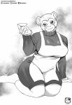  2021 absurd_res anthro apron big_breasts biped bite biting_lip breasts clothing female greyscale hair half-closed_eyes hi_res holding_object kneeling mammal monochrome murazaki narrowed_eyes primate simple_background solo sweater topwear 