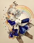  1girl apron blue_dress blue_eyes braid dress holding holding_knife holding_weapon izayoi_sakuya key747h knife knives_between_fingers looking_at_viewer maid maid_headdress pantyhose pose puffy_short_sleeves puffy_sleeves rainbow short_hair short_sleeves silver_hair smile touhou traditional_media twin_braids unconnected_marketeers waist_apron waist_bow watercolor_(medium) weapon 