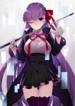 1girl bb_(fate)_(all) breasts fate/extra fate/extra_ccc fate_(series) gloves hair_ribbon highres lace lace-trimmed_legwear lace_trim large_breasts long_hair one_eye_closed panties purple_eyes purple_hair red_ribbon ribbon riding_crop smile solo thighhighs underbust underwear very_long_hair ycco_(estrella) 