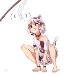  1girl animal_collar animal_ears artist_name barefoot bell between_legs cat_ears cat_tail clenched_teeth collar english_commentary eximmetry furrowed_eyebrows gohei hand_between_legs head_tilt highres looking_up miniskirt motion_lines multicolored multicolored_clothes multicolored_hair multicolored_shirt multicolored_skirt neck_bell off-shoulder_shirt off_shoulder red_eyes shadow shirt short_hair short_sleeves simple_background skirt solo squatting tail teeth touhou unconnected_marketeers unnamed_cat_girl_(touhou) white_background wristband 