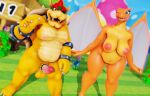  3d_(artwork) anthro balls belly big_breasts bowser breasts charizard digital_media_(artwork) dragon duo erection female genitals hi_res huge_breasts looking_at_viewer male malicekira mario_bros membrane_(anatomy) membranous_wings musclegut muscular muscular_anthro muscular_male nintendo nipples nude one_eye_closed open_mouth overweight overweight_anthro overweight_female penis pok&eacute;mon pok&eacute;mon_(species) pussy scalie smile spiked_balls spiked_penis spikes spikes_(anatomy) thick_thighs video_games wide_hips wings wink 
