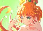  blush brown_hair closed_mouth colored_eyelashes cure_papaya eriko gradient gradient_background green_background green_eyes hair_ornament heart heart_in_eye highres ichinose_minori long_hair looking_at_viewer magical_girl nail_polish orange_nails precure smile symbol_in_eye tropical-rouge!_precure upper_body very_long_hair 