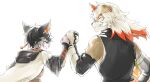  aak_(arknights) anthro arknights black_body black_hair canid canine canis clothed clothing domestic_dog duo ear_piercing eyes_closed felid fist_bump fur gesture hair hi_res horn hung_(arknights) hypergryph male mammal multicolored_body multicolored_fur multicolored_hair orange_body piercing short_hair smilng studio_montagne video_games white_body white_fur white_hair zebra_vz 