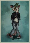  anthro bodily_fluids bottomwear chain clothed clothing clothing_lift crossed_legs embarrassed footwear furryporky genital_fluids green_hair hair hi_res male omorashi opossum_anthro pants piercing shirt shirt_lift shoes solo solo_focus topwear urine watersports wetting 