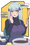 1girl bangs black_sweater blue_hair blush breasts butter character_name chocolate cooking english_text eyebrows_visible_through_hair food girls_frontline green_eyes hand_up highres hk416_(girls_frontline) holding holding_spatula large_breasts long_hair looking_at_viewer milk open_mouth purple_apron simple_background solo spatula sweater turtleneck yu_416416 