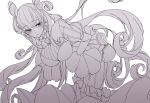  1girl bangs blush breasts curly_hair double_bun dress eiku eyebrows_visible_through_hair fate/grand_order fate_(series) greyscale hair_ornament highres juliet_sleeves large_breasts long_dress long_hair long_sleeves looking_at_viewer monochrome murasaki_shikibu_(fate) puffy_sleeves solo striped two_side_up vertical-striped_dress vertical_stripes very_long_hair white_background 