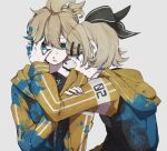  1boy 1girl bangs black_bow blonde_hair blue_eyes bow commentary crypton_future_media eiku grey_background hair_between_eyes hair_bow hair_ornament hairclip hand_on_another&#039;s_arm hand_on_another&#039;s_face hood hood_down hoodie hug kagamine_len kagamine_rin looking_at_viewer paint paint_splatter piapro shirt short_hair siblings twins vocaloid yellow_hoodie 