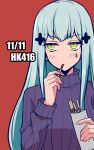  1girl bangs blue_hair blush character_name dated eyebrows_visible_through_hair food girls_frontline green_eyes highres hk416_(girls_frontline) holding holding_food holding_pocky long_hair looking_away pocky pocky_day purple_sweater red_background solo sweater yu_416416 