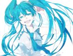  1girl :d arms_up bangs bare_shoulders blue_eyes blue_hair blue_neckwear eiku floating_hair hair_between_eyes hatsune_miku highres interlocked_fingers long_hair looking_at_viewer necktie open_mouth shirt sleeveless sleeveless_shirt smile solo twintails upper_body very_long_hair vocaloid white_background white_shirt 