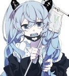 1girl bandages bangs blue_eyes blue_hair blue_tongue colored_tongue eiku eyebrows_visible_through_hair gauze hair_between_eyes highres holding intravenous_drip iv_stand jacket long_hair long_sleeves looking_at_viewer open_mouth sharp_teeth solo tearing_up teeth twintails upper_body vocaloid white_background 