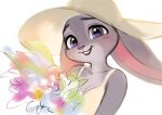  anthro blush breasts cleavage clothed clothing disney female flower fur grey_body grey_fur hat headgear headwear holding_flower holding_object judy_hopps lagomorph leporid long_ears looking_at_viewer mammal open_mouth plant popodunk purple_eyes rabbit shirt simple_background smile solo teeth topwear white_background zootopia 
