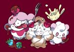  0_0 alcremie berry chocolate closed_mouth commentary_request fang fork gen_6_pokemon gen_8_pokemon hemhemhoo highres holding holding_fork looking_at_viewer milcery one_eye_closed open_mouth pokemon pokemon_(creature) red_background simple_background slurpuff smile swirlix tongue tongue_out 