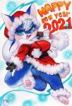  2021 abstract_background anthro biped breasts butt canid canine chibi christmas christmas_clothing christmas_headwear clothing costume english_text fangs female fur hair hat headgear headwear hi_res holidays looking_at_viewer looking_back mammal murazaki open_mouth painting_(artwork) pawpads paws santa_costume santa_hat smile solo text traditional_media_(artwork) underwear watercolor_(artwork) 